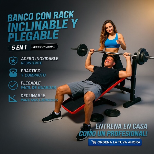 A square-format static ad highlighting the versatility of a foldable, inclinable weight bench through clear iconography and social proof.
